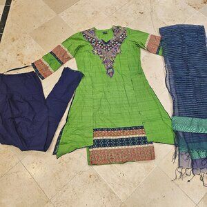 Women's Green Embroidered Asymmetrical Kurta With Blue pant and Dupatta